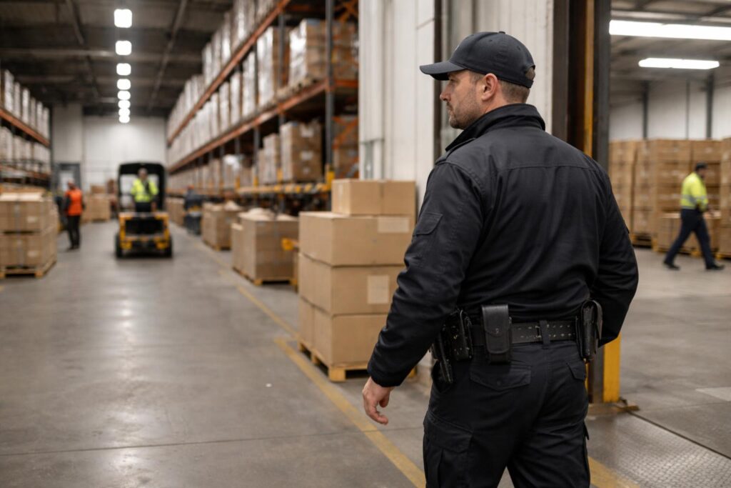 Security guards is walking in a warehouse.