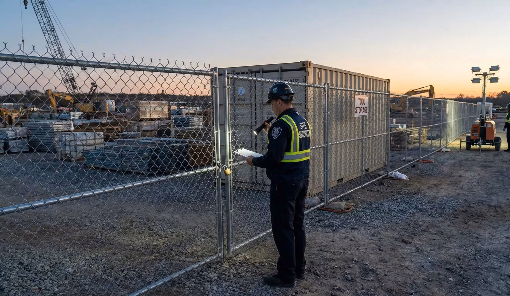 A construction security site checking the locked doors.