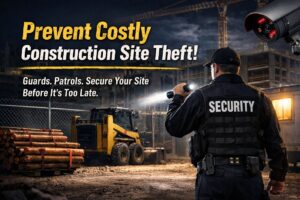Security guard patrolling a construction site at night with flashlight, protecting heavy equipment and materials from theft with visible surveillance and secure site security measures.
